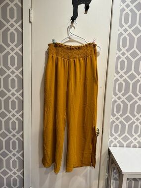 XL Three Bird Nest Mustard Smocked Waist Wide-Leg Pants